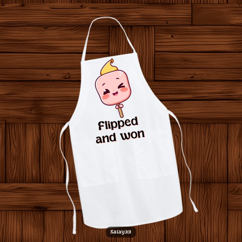 Funny Satay Skewer Apron with a character winking playfully after a successful flip, ideal for confident cooking.