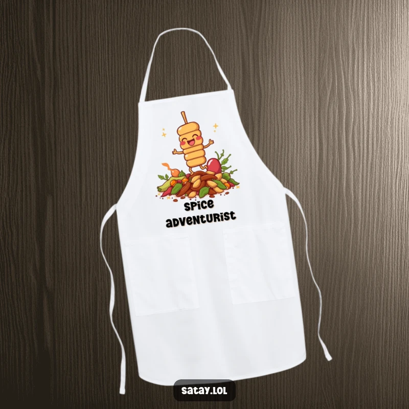 Funny giggling satay skewer on a kitchen apron, hopping on spices, adding culinary joy and humor to cooking.