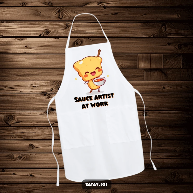Funny apron featuring a happy satay skewer character wiggling with a sauce bowl; ideal for a joyful and saucy kitchen.