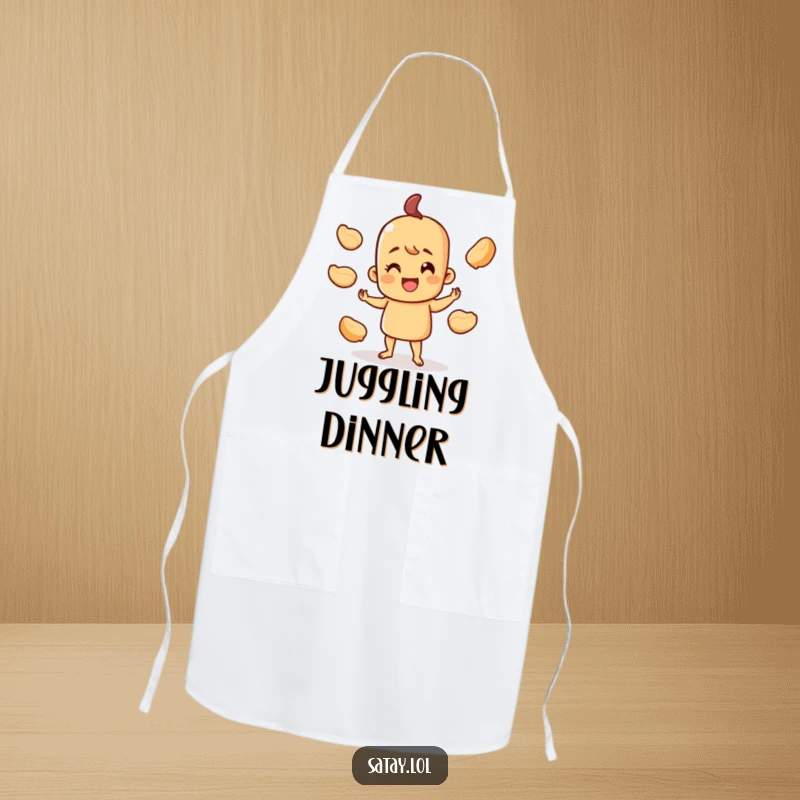 Funny happy satay skewer apron, character juggling peanut shells with a cheerful look, ideal for kitchen or BBQ.