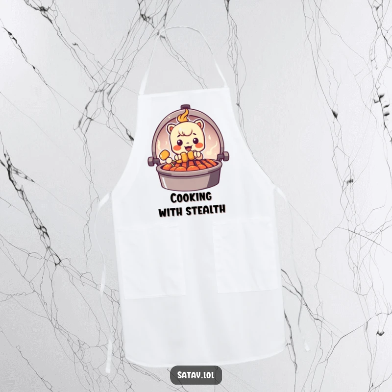 Funny Peeking Satay Skewer Apron featuring a skewer character peeking from behind a grill graphic, perfect for kitchen duties with playful humor.