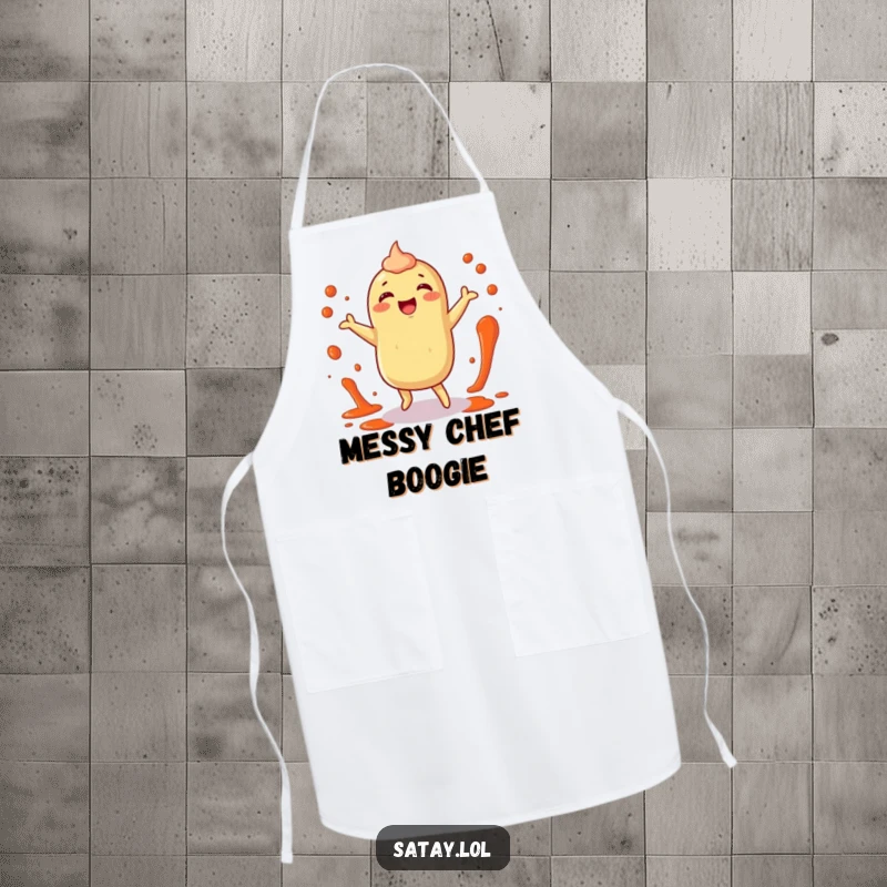 Funny satay apron showing a happy satay character dancing with sauce splatters, ready to cook with joy.