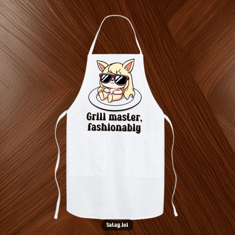 Funny Apron: A satay character with tiny sunglasses lounges on a plate, turning kitchen duties into a humorous and relaxing experience.