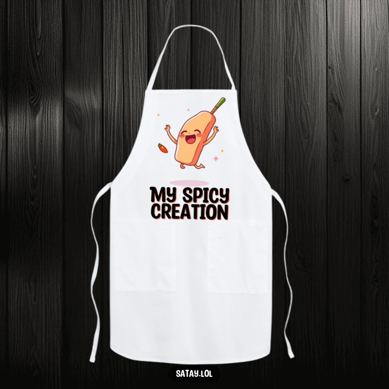 Funny satay skewer and chili pepper apron, depicting jumping joy and waving spice, functional and humorous kitchen wear.