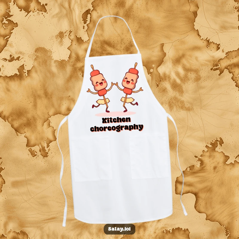 Funny apron with happy satay skewers doing a synchronized dance, ideal for kitchen fun and food lovers.