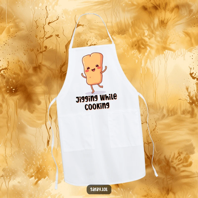 Funny apron with a satay skewer doing a happy jig on tiny legs, ideal for cooks who enjoy cheerful and fun kitchen attire.
