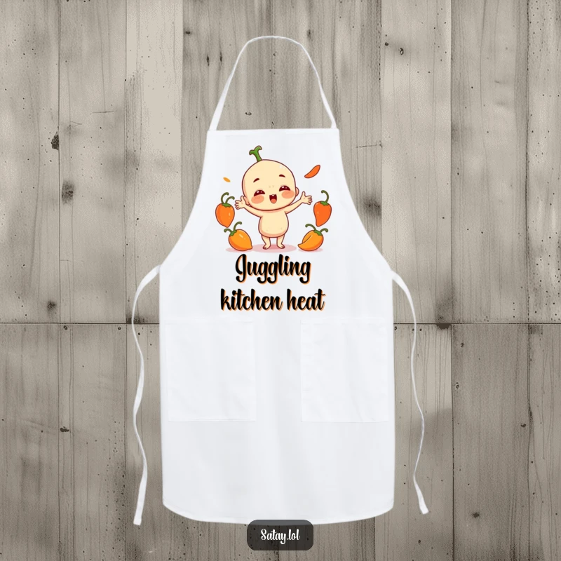 Funny Satay Character Apron: A playful satay juggles three small, round chili peppers, adding humorous and spicy flair to kitchen attire.