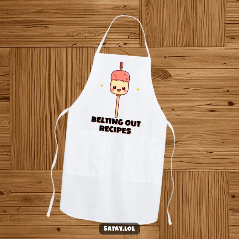 Funny apron with a satay skewer holding its stick like a microphone, ideal for cooks who enjoy being the star of the kitchen.