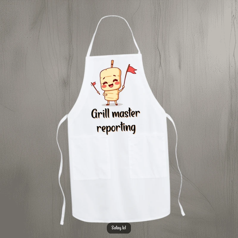 Funny Satay Skewer Apron featuring a dramatic skewer character posing with a flag, perfect for kitchen duties with a heroic, humorous flair.