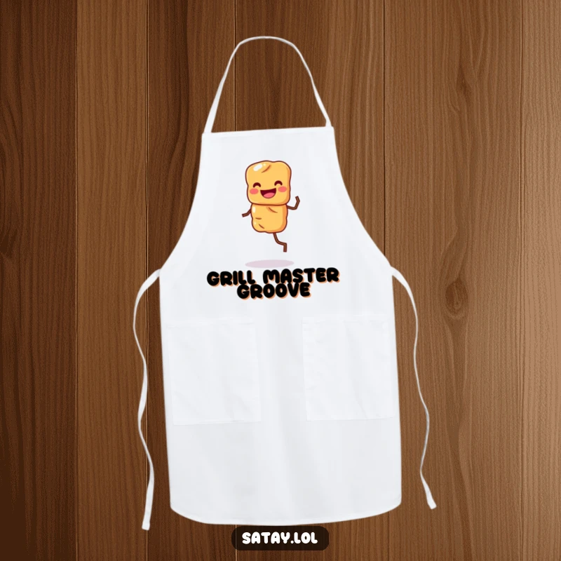 Funny chef apron with a grinning satay skewer character doing a happy dance jig, great for cooks.