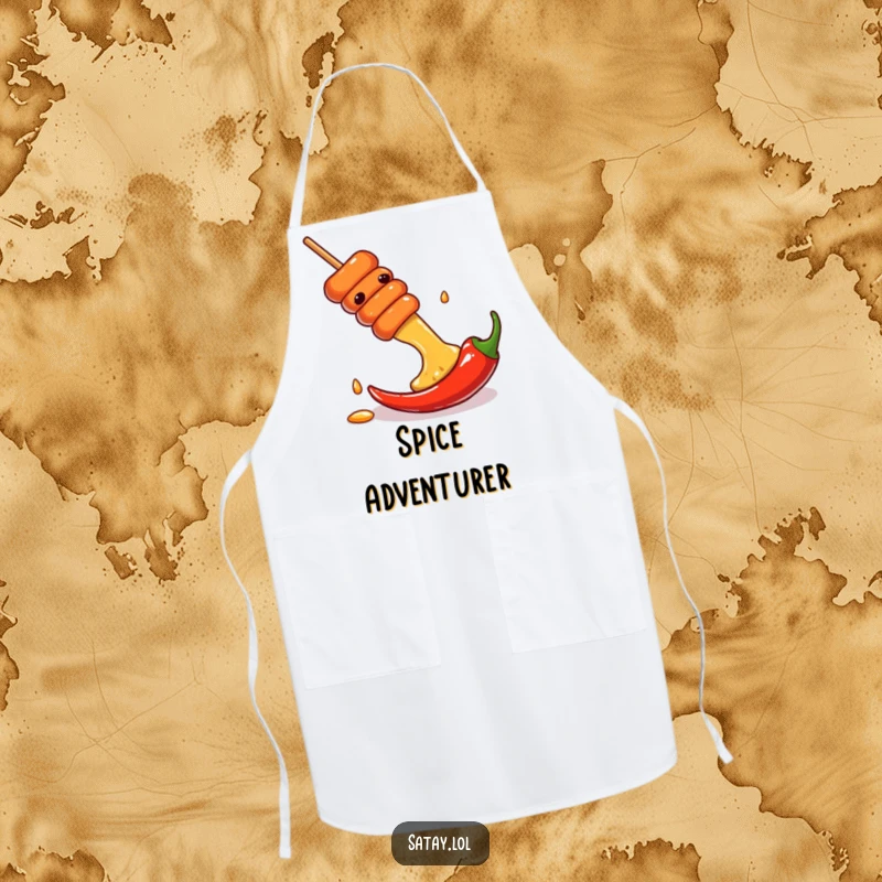 Funny apron showing a satay skewer sliding down a chili pepper, ready for spicy culinary adventures.