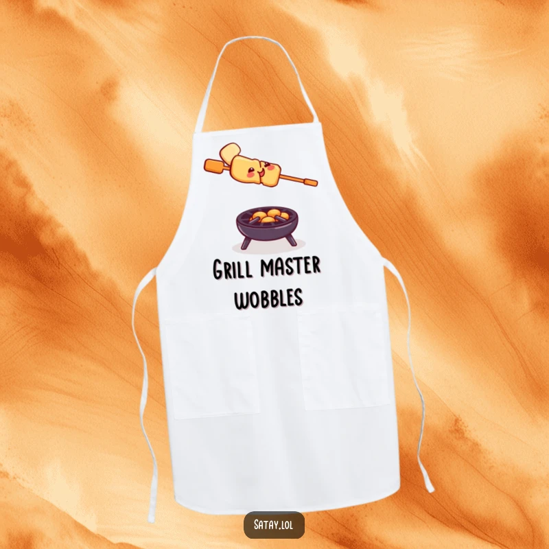Funny satay skewer grill apron, a smiling skewer balancing on a tiny grill, functional and humorous kitchen wear for daredevils.