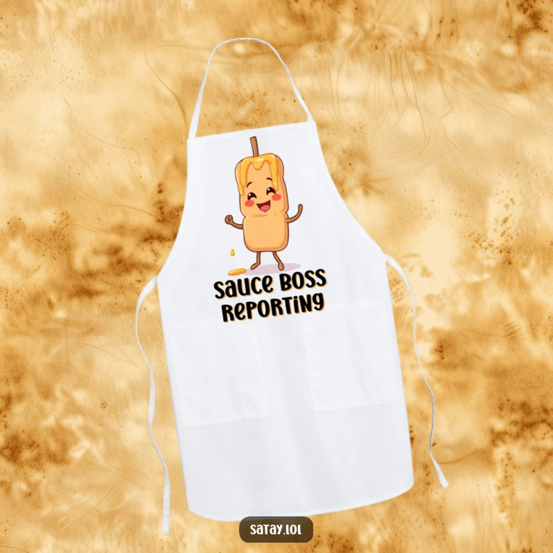 Funny satay skewer apron with a smiling skewer dancing with peanut sauce drizzling, perfect for culinary adventures.