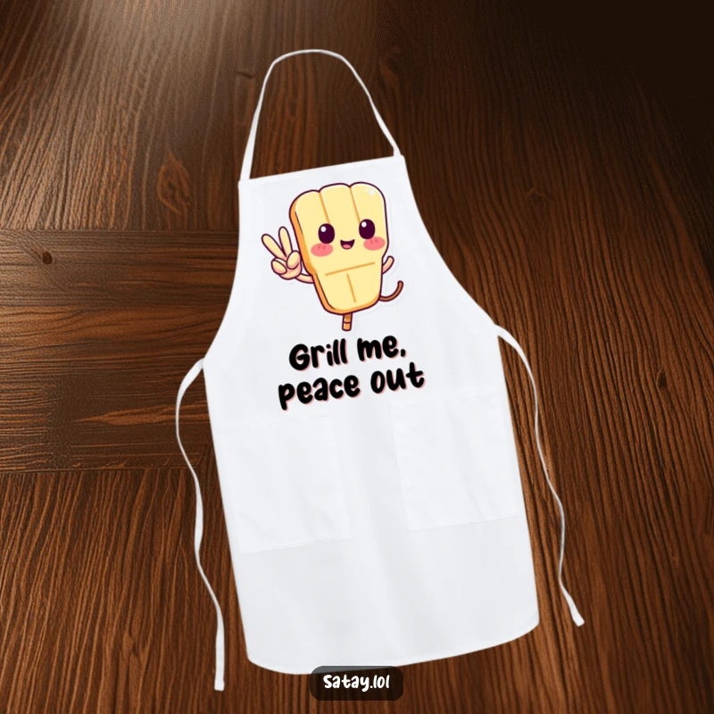 Funny Satay Skewer Apron with a skewer character displaying a peace sign with its tail, ideal for adding humor to cooking sessions.