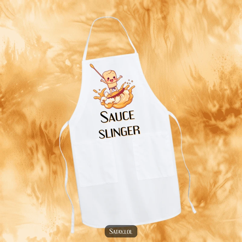 Funny satay skewer character riding a peanut sauce wave, printed on a practical and humorous cooking apron.
