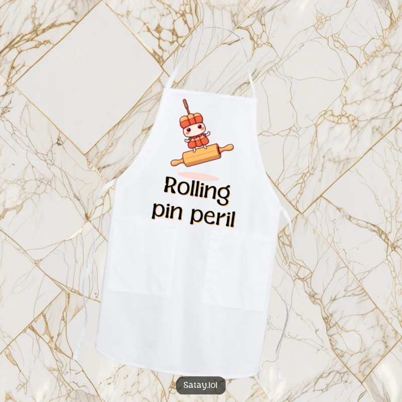 Funny satay skewer character teetering on a rolling pin, depicted while cooking on an apron.