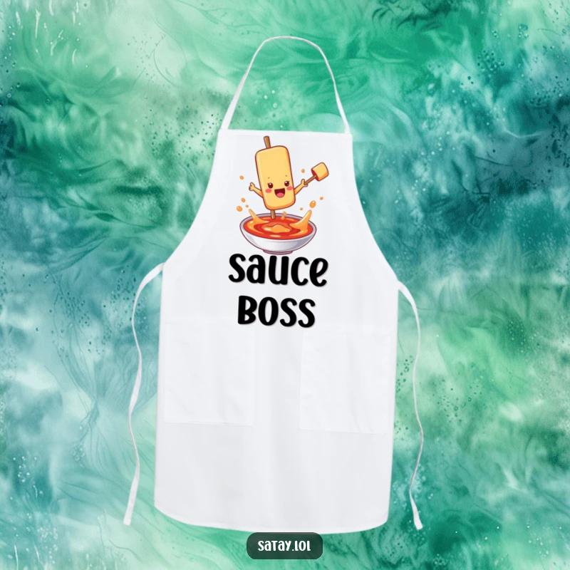 Funny satay skewer character apron, jumping into bubbling sauce, perfect for chefs who love to embrace flavor.