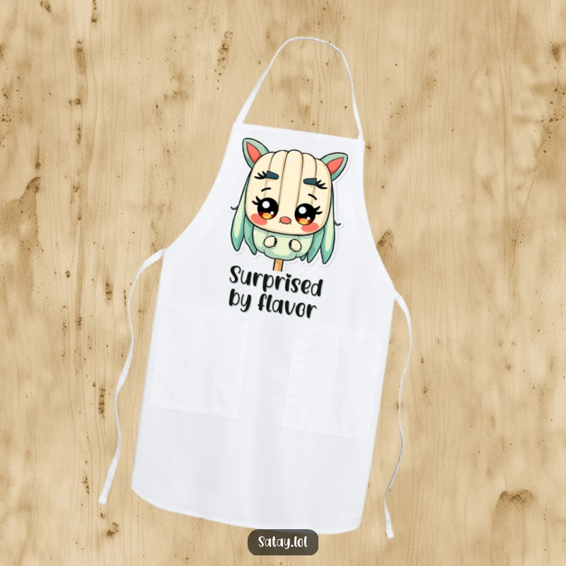 Funny Satay Skewer Apron showing a skewer character with wide, shiny eyes, expressing comical surprise, perfect for kitchen humor.