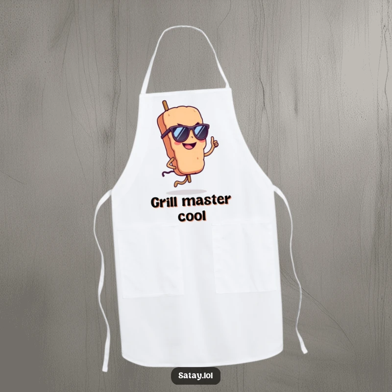 Funny satay skewer wearing sunglasses on a kitchen apron, hopping with a confident grin, adding flair to cooking.