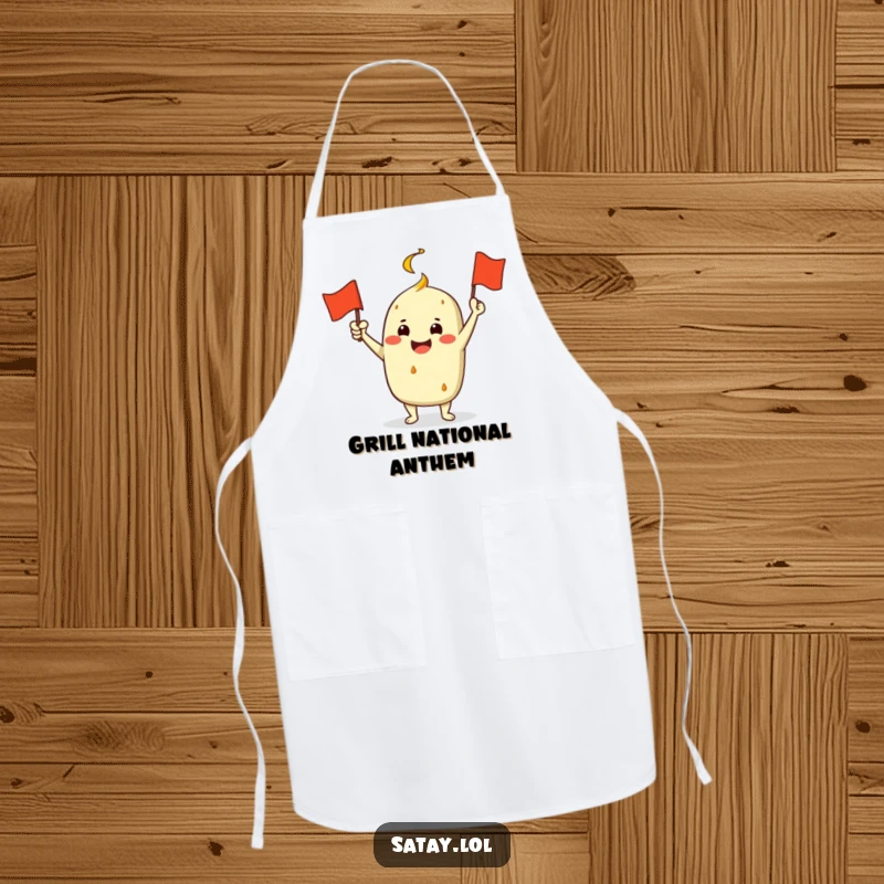 Funny Satay Character Apron: A jubilant satay enthusiastically waves a miniature grill flag, adding humorous flair to kitchen attire.