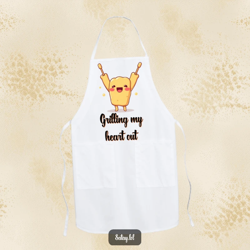 Funny apron featuring a happy satay skewer character with arms up in celebration, ready to whip up some deliciousness.