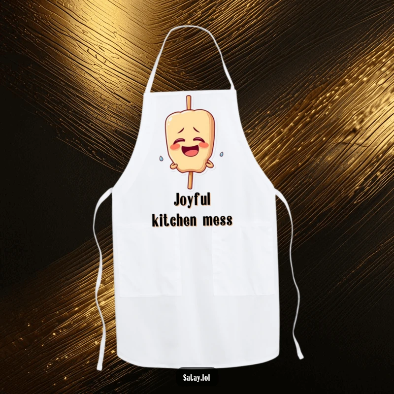 Funny apron featuring a satay skewer character giggling uncontrollably with a happy tear; ideal for a humorous kitchen.