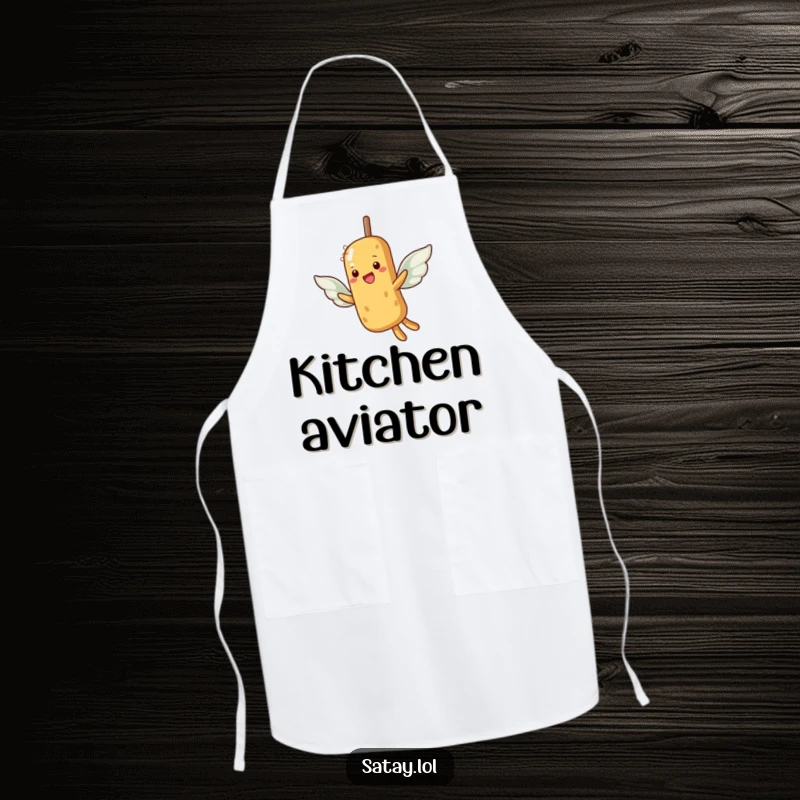 Funny apron showing a satay skewer with peanut wings trying to take flight, ready for ambitious cooking.