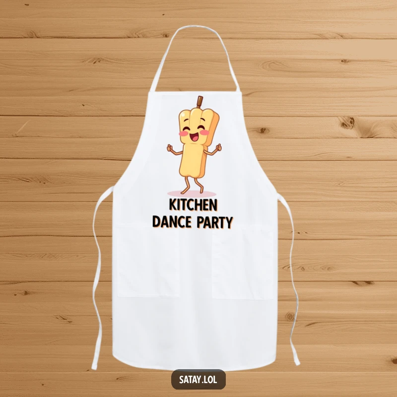 Funny apron featuring a satay skewer character doing a silly, wobbly dance; ideal for a fun and energetic kitchen.