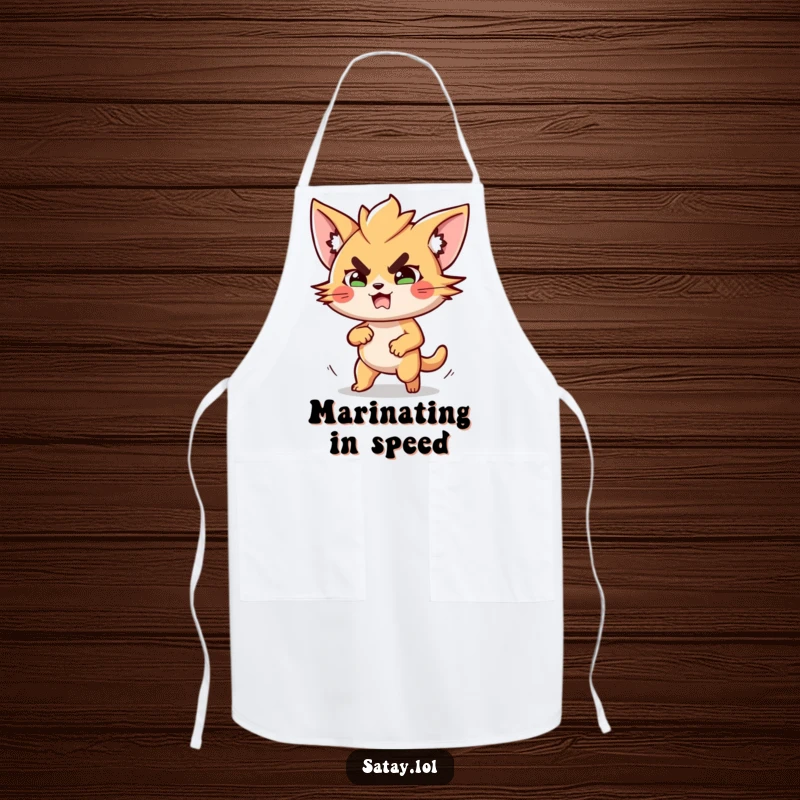 Funny Satay Kitchen Apron: A determined satay skewer is ready for action, making this apron a humorous essential for any cook. Funny gift.