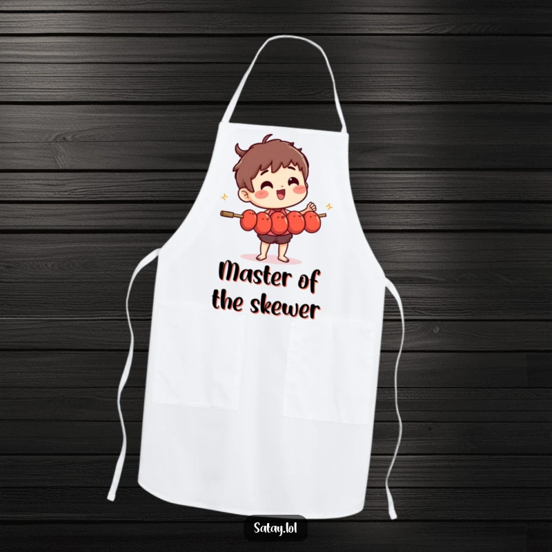 Funny satay skewer character actively juggling small, wiggling meatballs while wearing a chef's hat on an apron.