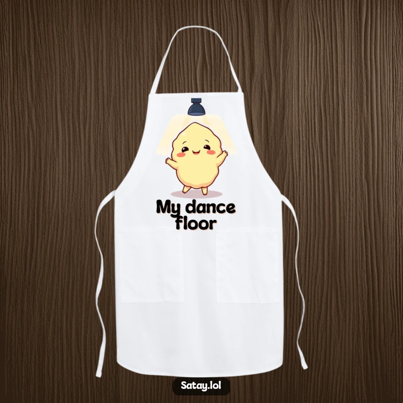 Funny satay character performing a delightful dance under a kitchen spotlight, printed on a durable apron for cooking fun.