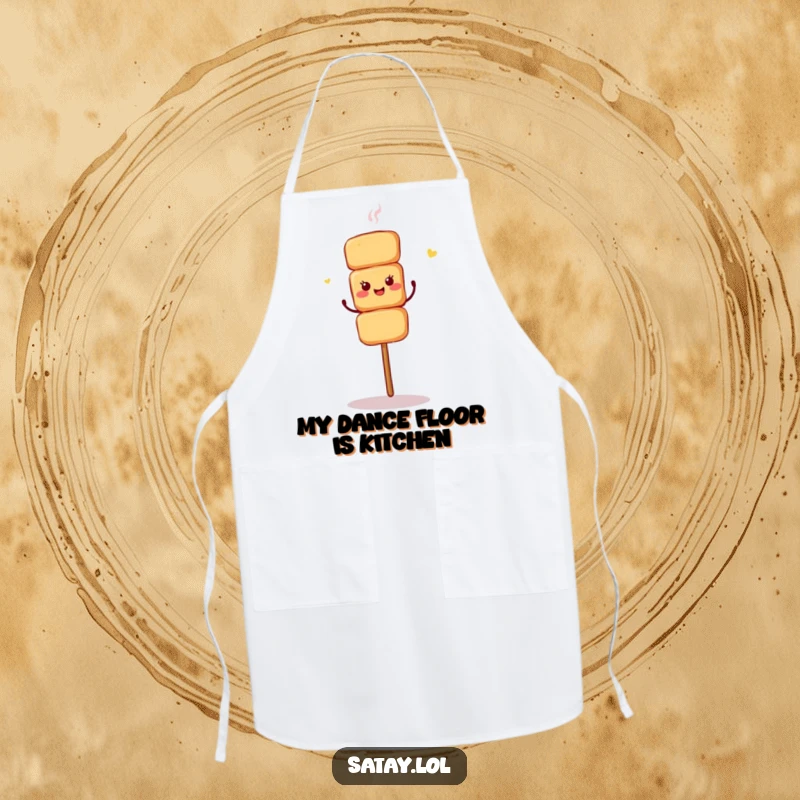 Funny kitchen apron depicting a satay skewer performing an energetic shimmy dance while cooking.