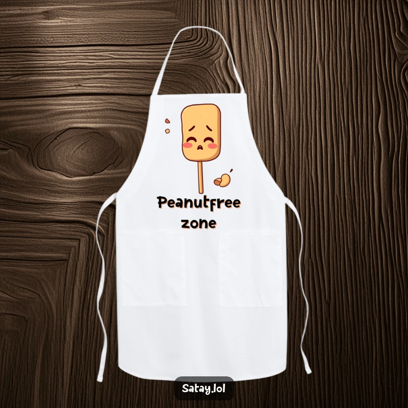 Funny apron featuring a satay skewer character looking comically confused by a misplaced peanut; ideal for a quirky kitchen.