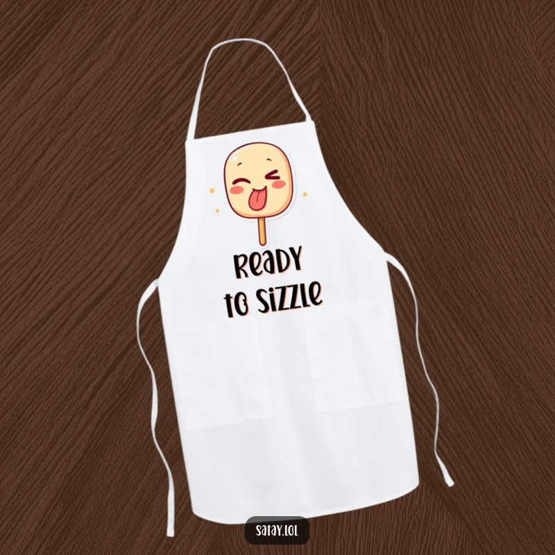 Funny apron with a winking satay skewer character sticking out its char-marked tongue, ideal for humorous cooking sessions.