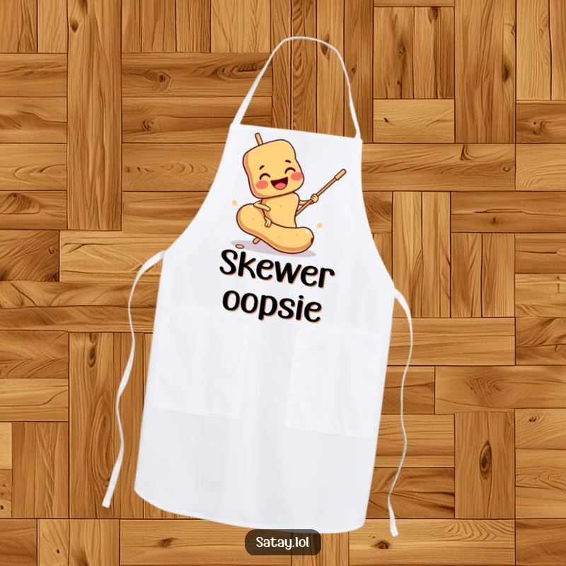 Funny Satay Skewer Apron: A smiling skewer comically slips on a peanut, ideal for funny kitchen activities.