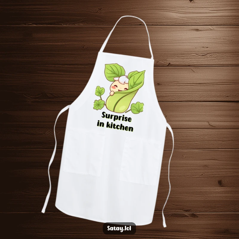 Funny apron showing a satay character grinning as it peeks out from behind a leafy garnish.