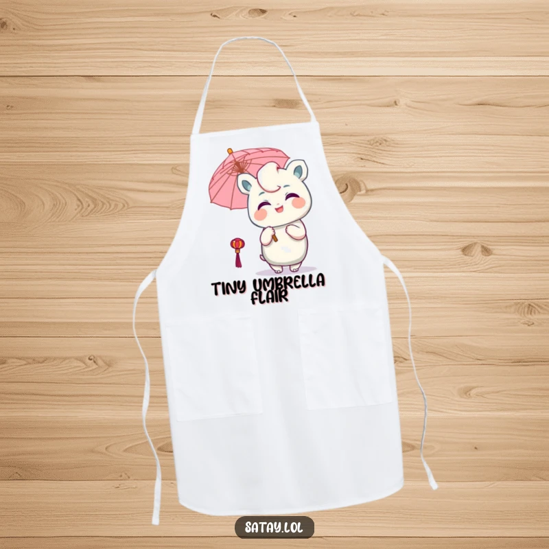 Funny Satay Character Apron: A delighted satay winks, holding a tiny umbrella, adding humorous flair to kitchen attire.