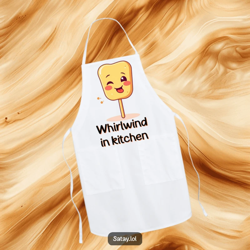 Funny satay skewer apron, depicting a silly face and tongue sticking out while spinning, perfect for humorous cooking sessions.