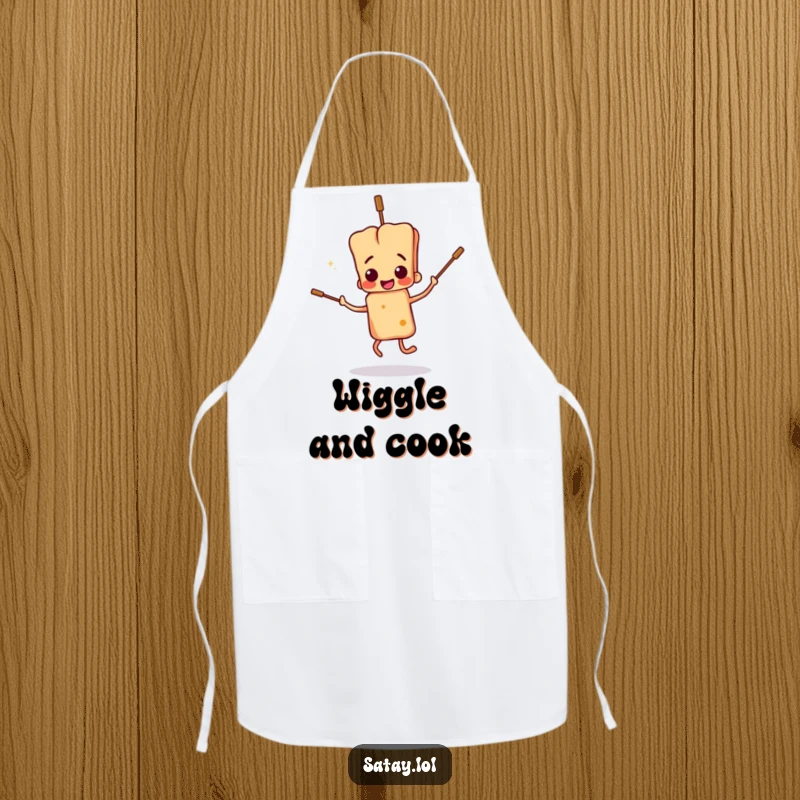 Funny satay skewer character apron, doing a clumsy dance with floppy skewers, perfect for chefs who love to add humor to cooking.