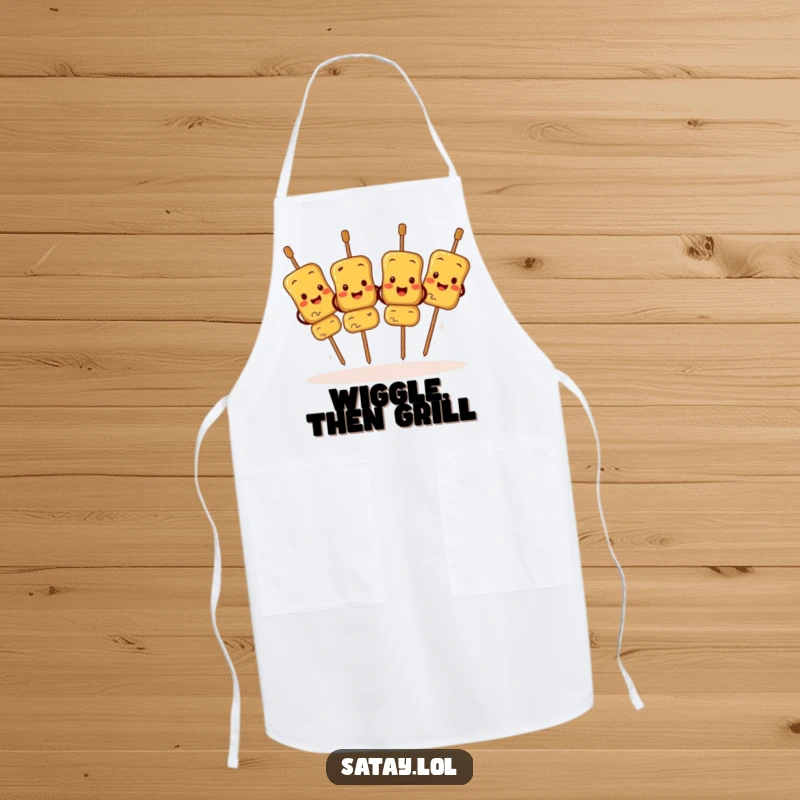 Funny Satay Skewers Apron showing characters performing a synchronized jig, perfect for adding humor to cooking activities.