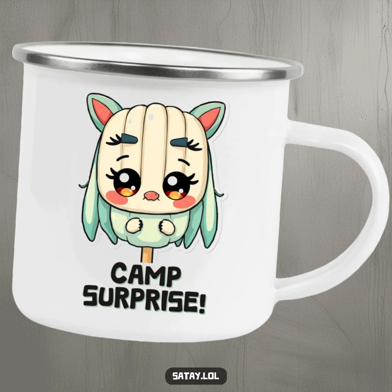 Funny Satay Skewer Camping Mug showing a skewer character with wide, shiny eyes, perfect for expressing comical surprise during outdoor adventures.