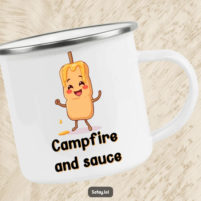 Funny camping mug with a smiling satay skewer doing a jig with peanut sauce drizzling, ready for camping.