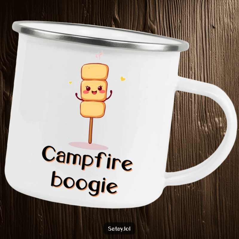 Funny camping mug showing a satay skewer doing an energetic shimmy dance in an outdoor setting.