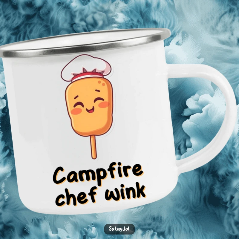 Funny enamel camping mug with a satay skewer character in a chef hat, giving a wink outdoors.