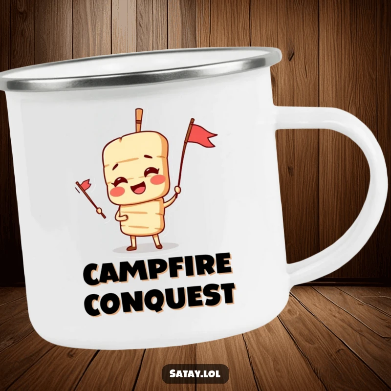 Funny Satay Skewer Camping Mug, an enamel cup featuring a dramatic skewer character with a flag, ready for outdoor cooking adventures.