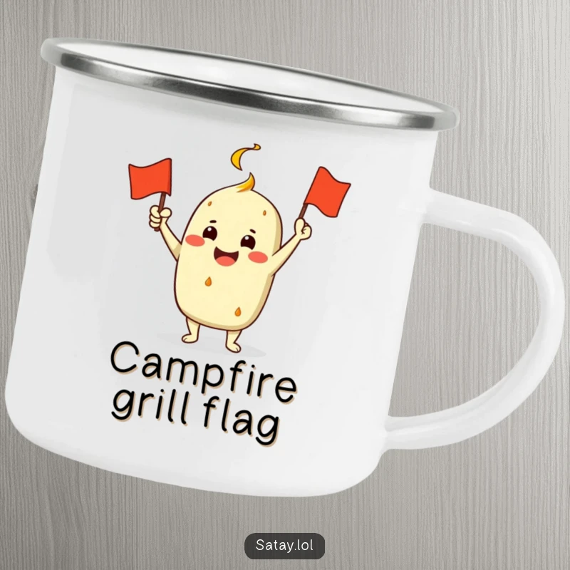 Funny Satay Character Camping Mug: A jubilant satay enthusiastically waves a miniature grill flag, perfect for enjoying drinks outdoors humorously.