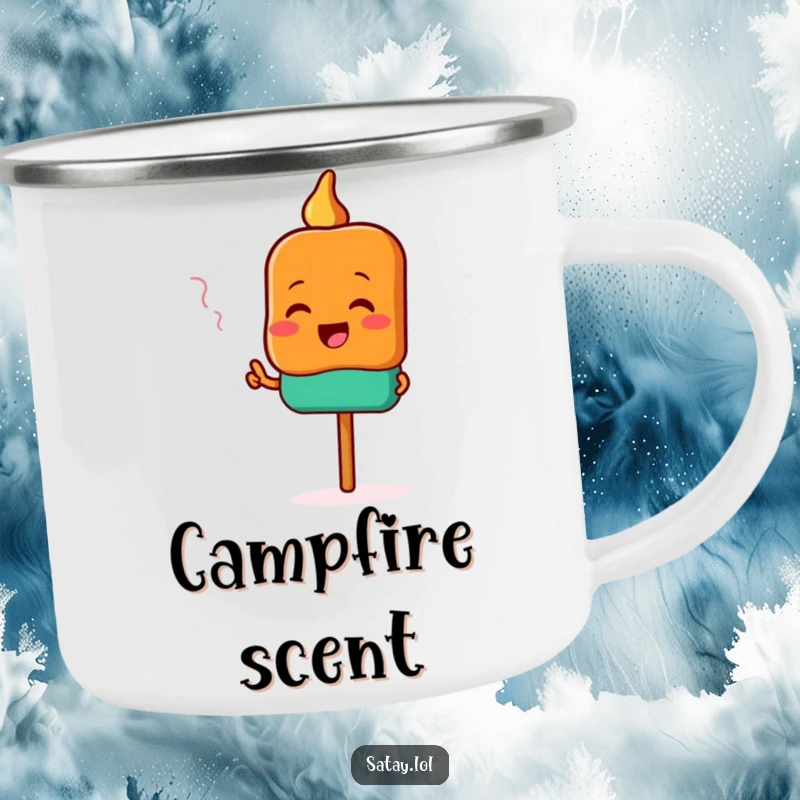 Funny satay camping mug with a durable design and a happy satay skewer character pointing excitedly towards delicious food.