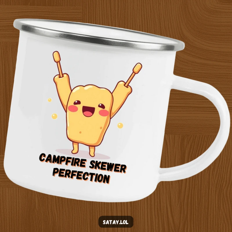 Funny camping mug featuring a joyful satay skewer character with arms enthusiastically thrown up, ready for outdoor fun.