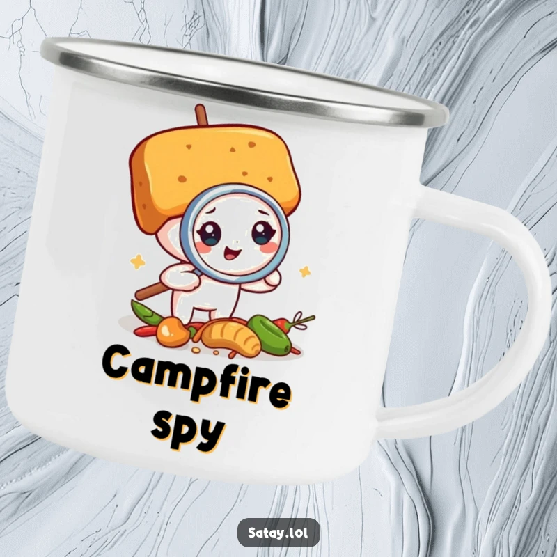Funny satay skewer detective camping mug, a skewer inspecting spices with a magnifying glass, a humorous and durable outdoor cup.