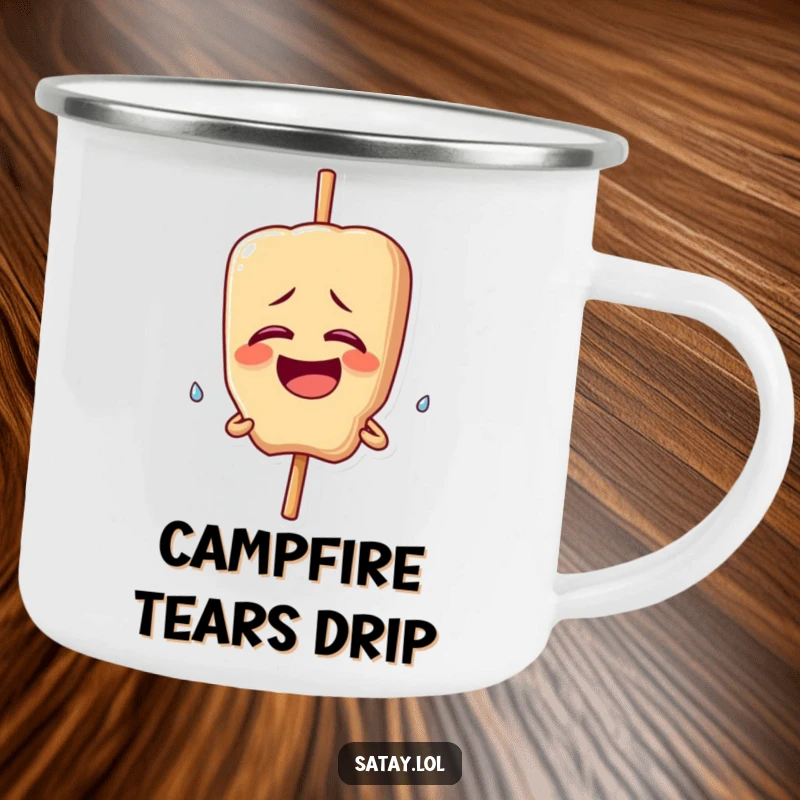 Funny camping mug featuring a satay skewer character giggling uncontrollably with a happy tear; perfect for laughing outdoors.